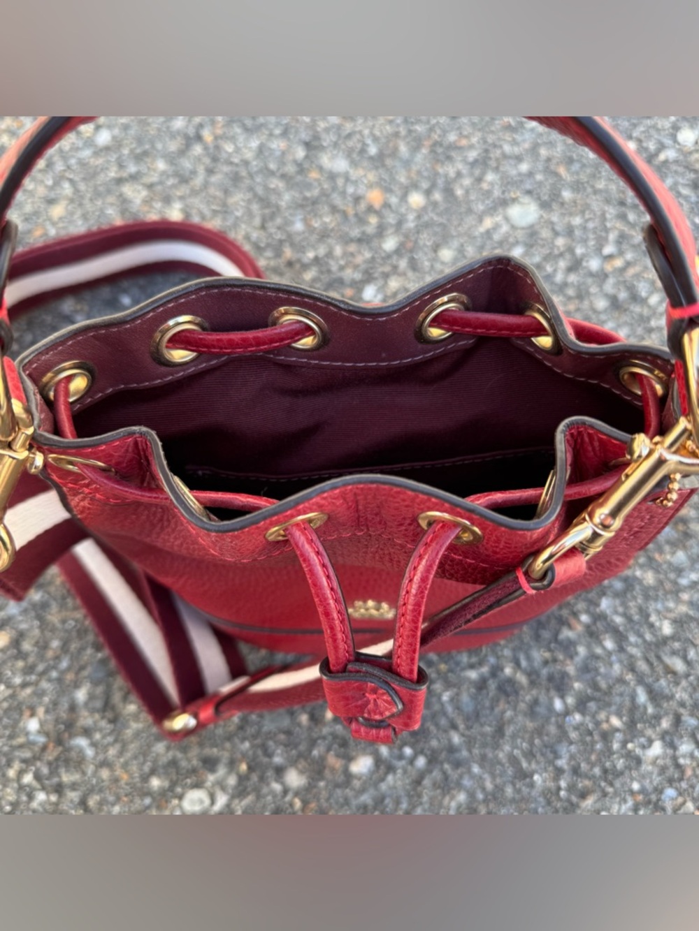 Coach Mini Dempsey Drawstring Leather Crossbody Shoulder Bucket Bag Cherry Red - Picture 5 of 12